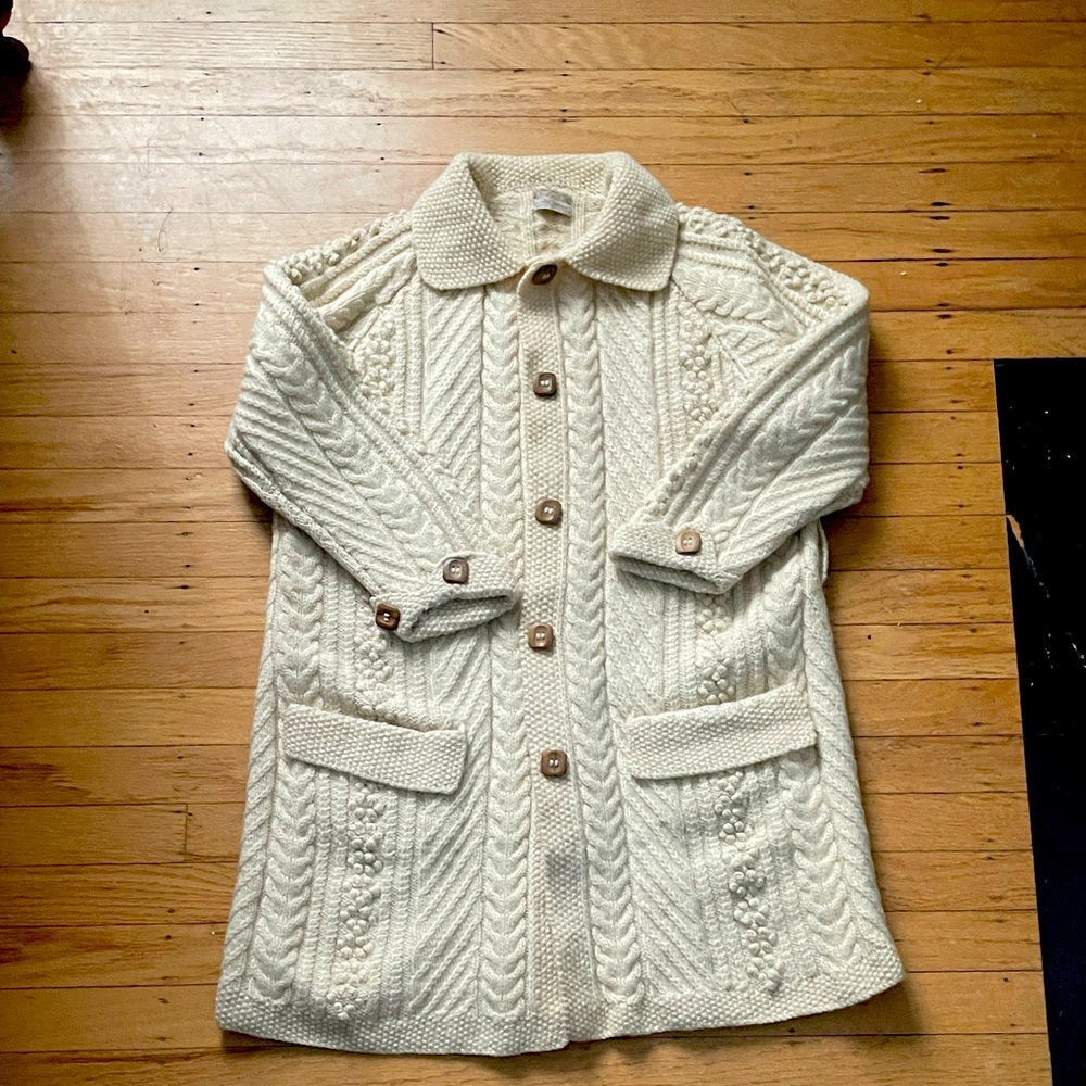Women's Hand knit small cream cable knit Sweater Coat.
